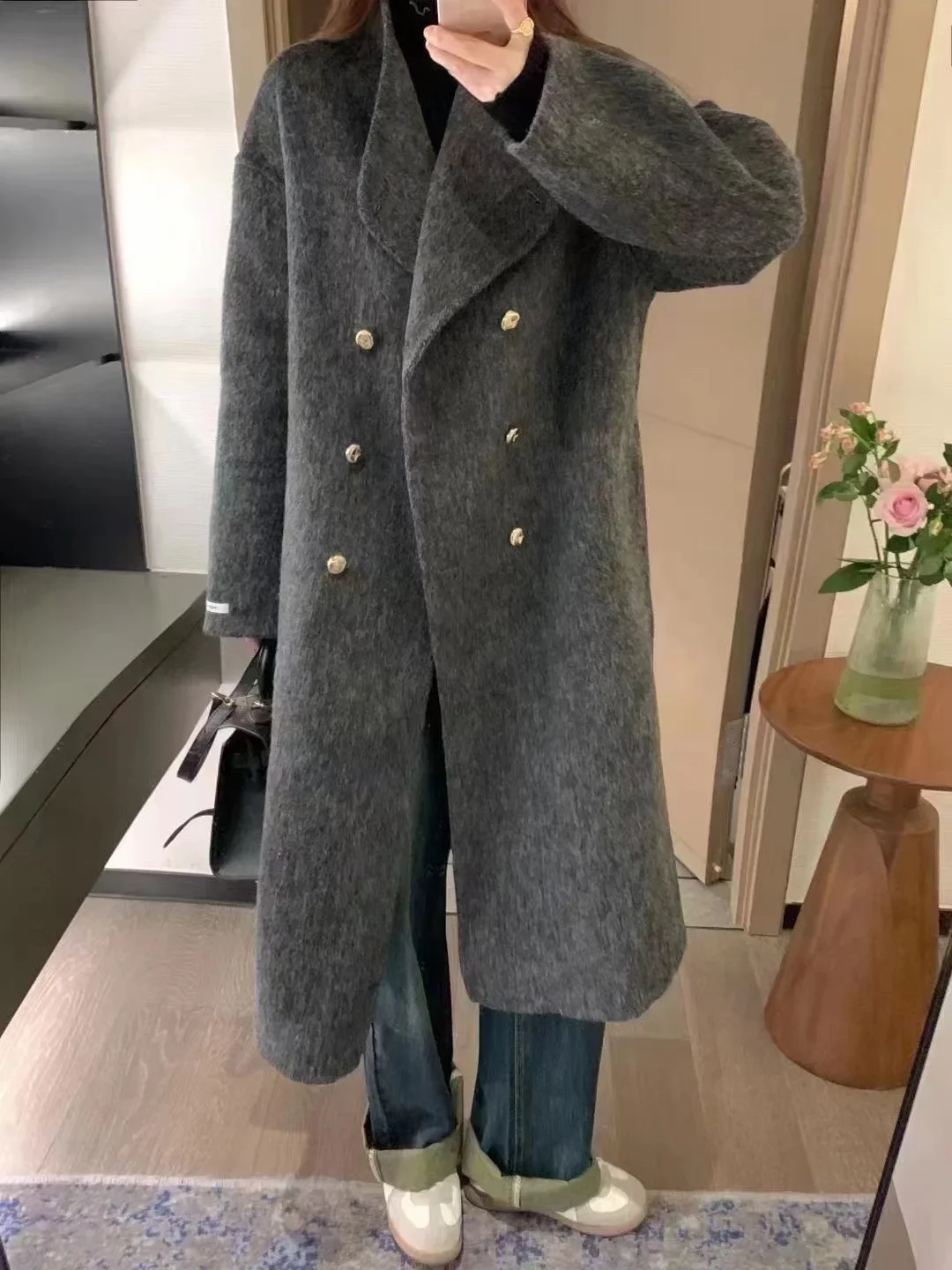 version of the new autumn and winter stand-up collar double-breasted irregular long loose cashmere coat women's cashmere premium