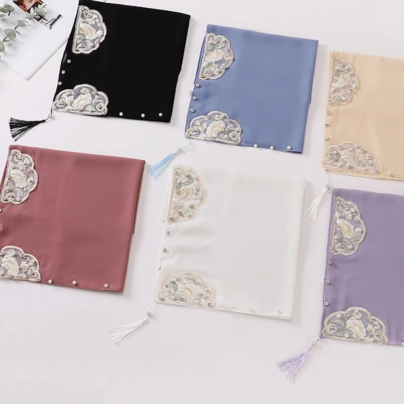 Women Palace Classical Style Chiffon Hijab Embroidery with Pearl Headscarf Diamond Tassel Elegant Muslim Scarf Islamic Veil