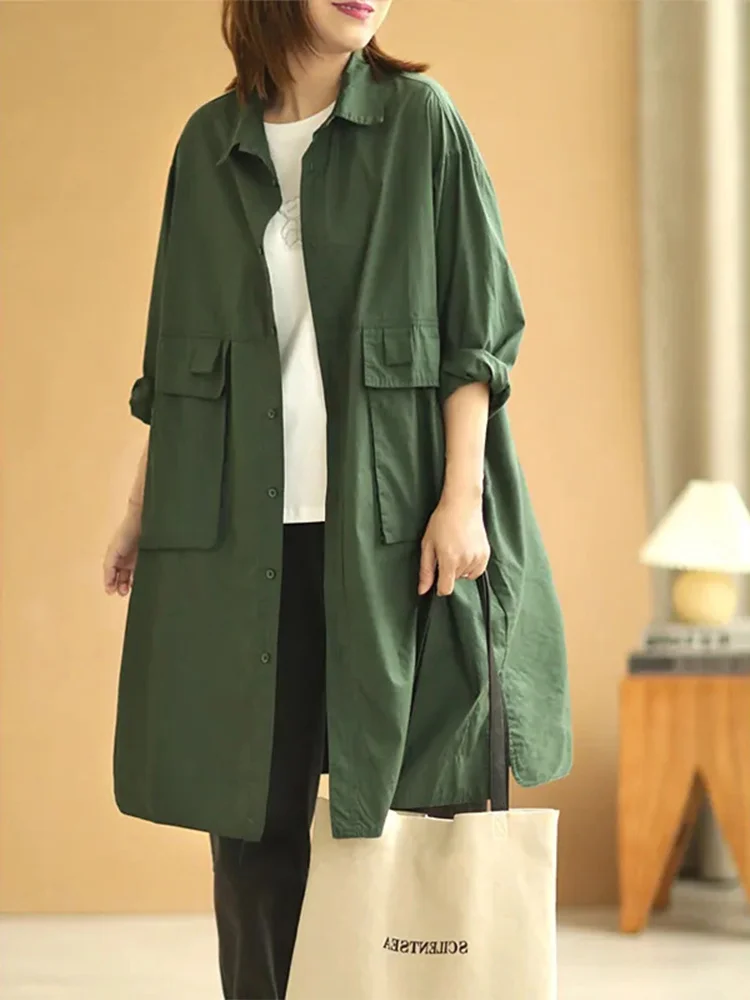 

Retro ket irt Top Long Sve Workwear Sle Coat Medium Length Button up Pure Color Commute Artistic Collar Coat