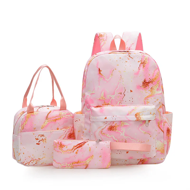 Girls 3Pcs Marble Print Backpack Set Student School Bag with Lunch Bag Pencil Case