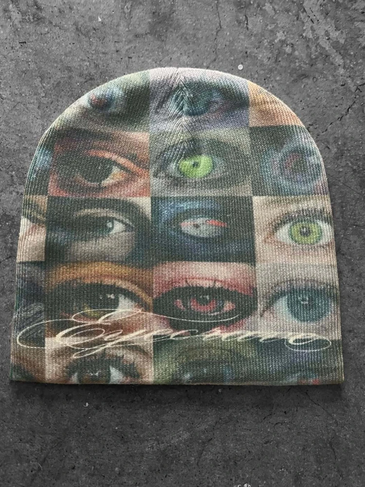 Summer Emo Girls Punk Printed Gothic Knitted Hat Retro Willow Nail Y2K Style Trendy Women's Fashion Accessory view 4