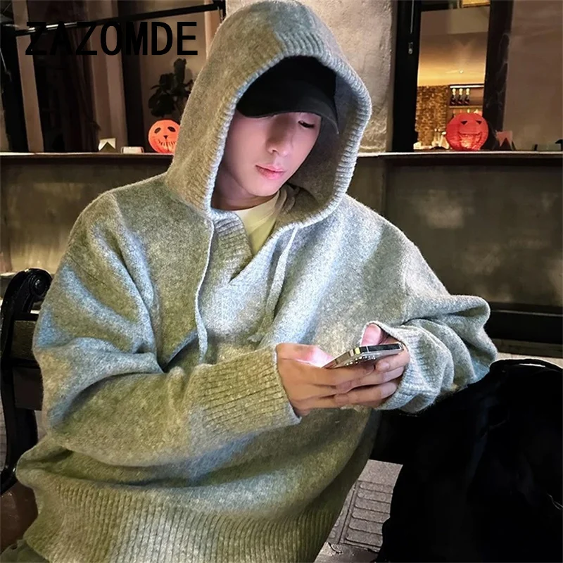 ZAZOMDE ฤดูหนาว Vintage Chic Hoody เสื้อกันหนาวผู้ชายถัก Top Hooded หลวม Casual Pullover เสื้อกันหนาวขนาดใหญ่เสื้อถักเสื้อผ้า