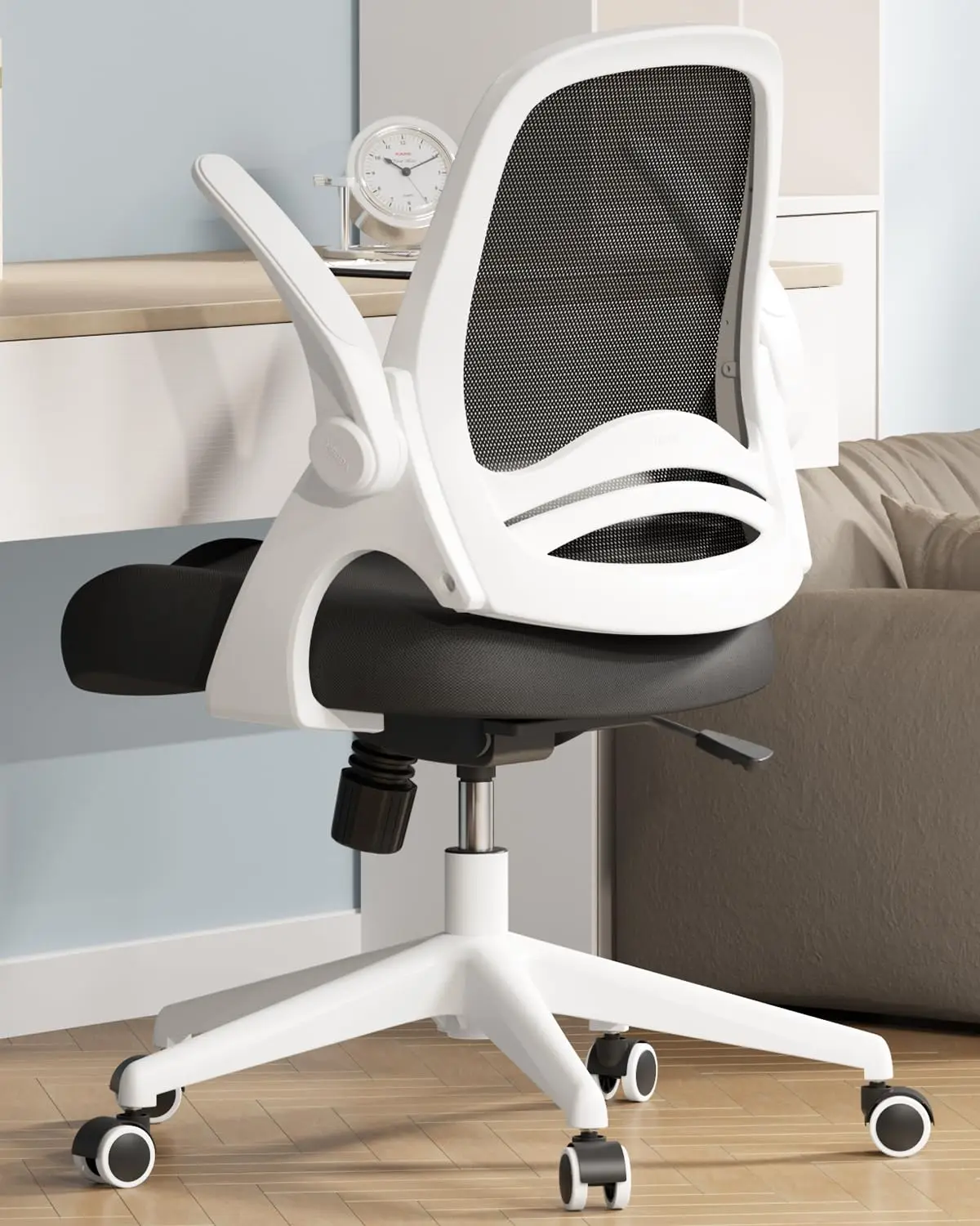 Hbada Ergonomic Office Chair with Flip-Up Armrests, Saddle Cushion, S-Shaped Mesh Backrest, Swivel, White, Customized