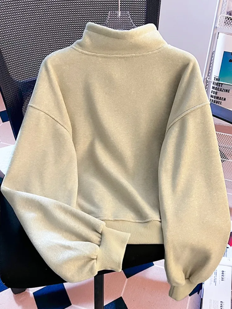 Thiened Fce 여성용 후드티 아메리칸 슬레 스탠드 칼라 스웨트셔츠 겨울 신상 루즈핏 따뜻한 상의 셀프키 디자인 코튼