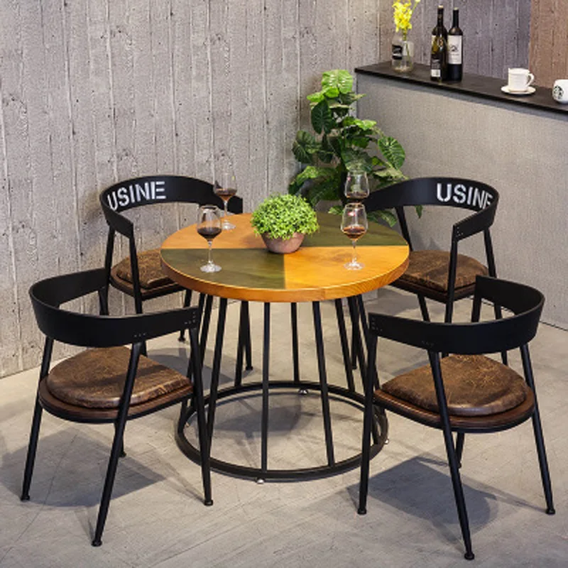 

Factory direct sales American rural solid wood household round dining table, leisure craft style coffee shop dining table and ch