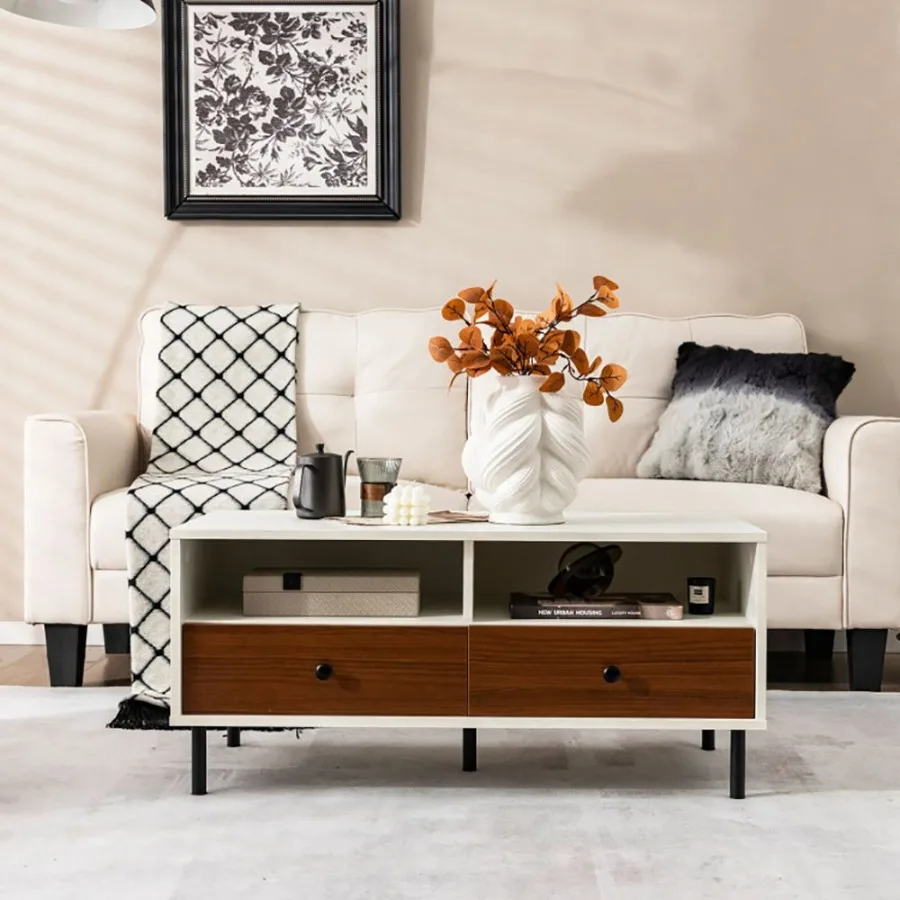 2 Tier 40 Inch Length Modern Rectangle Coffee Table with Storage Shelf and Drawers living room table
