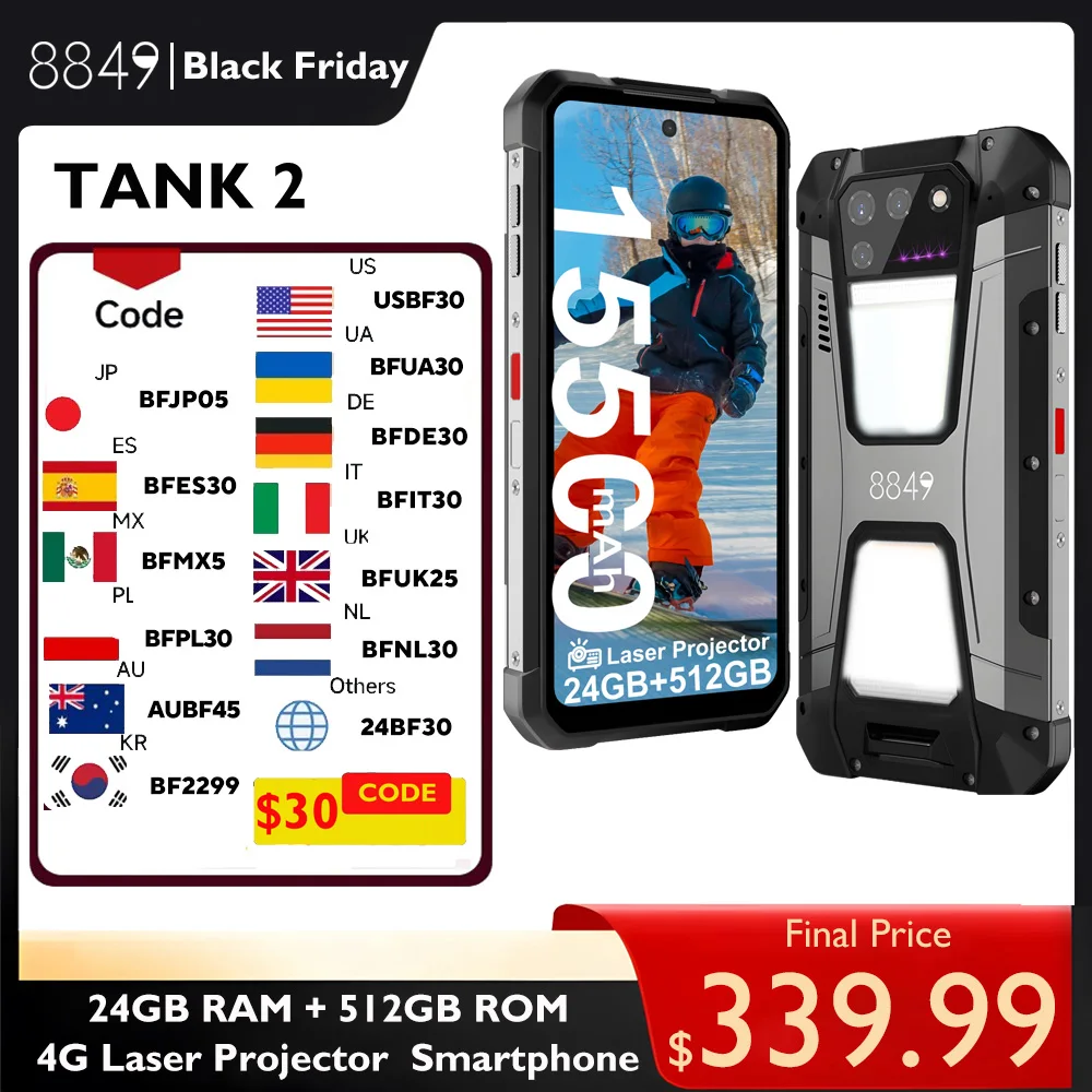 In Stock 8849 Tank 2 Rugged by Unihertz 256/512GB ROM 108MP Camping Light 64MP Super Night Vision G99 15500mAh TF NFC