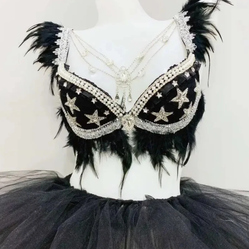 Shine Diamond Black Feather Bra Tutu Skirt Set Lady DJ Singer Dance Team Performance Stage Wear Sexy Bar Club Party Show Costume