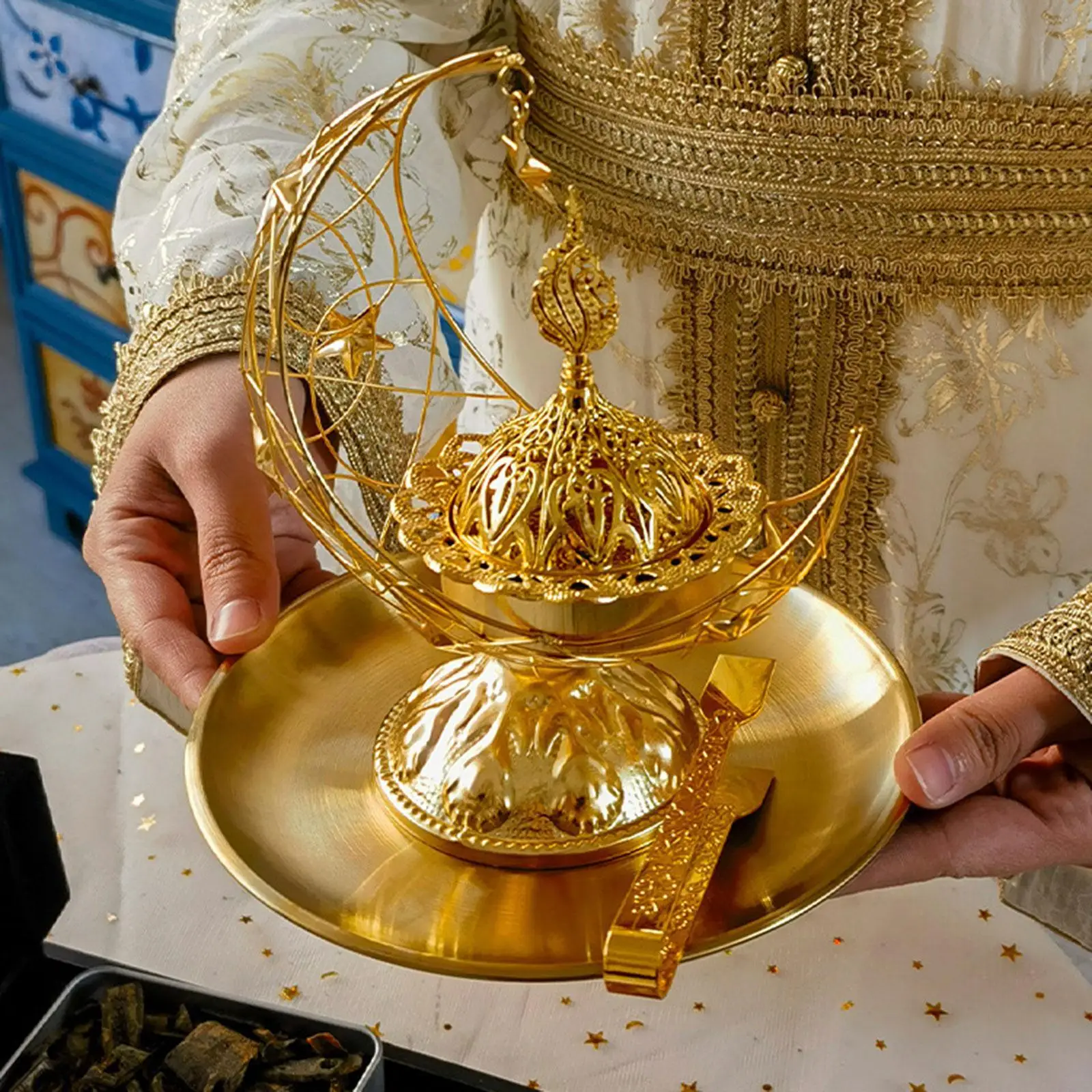 

Golden Incense Burner Set Traditional Arabian Incense Holder for Yoga Office