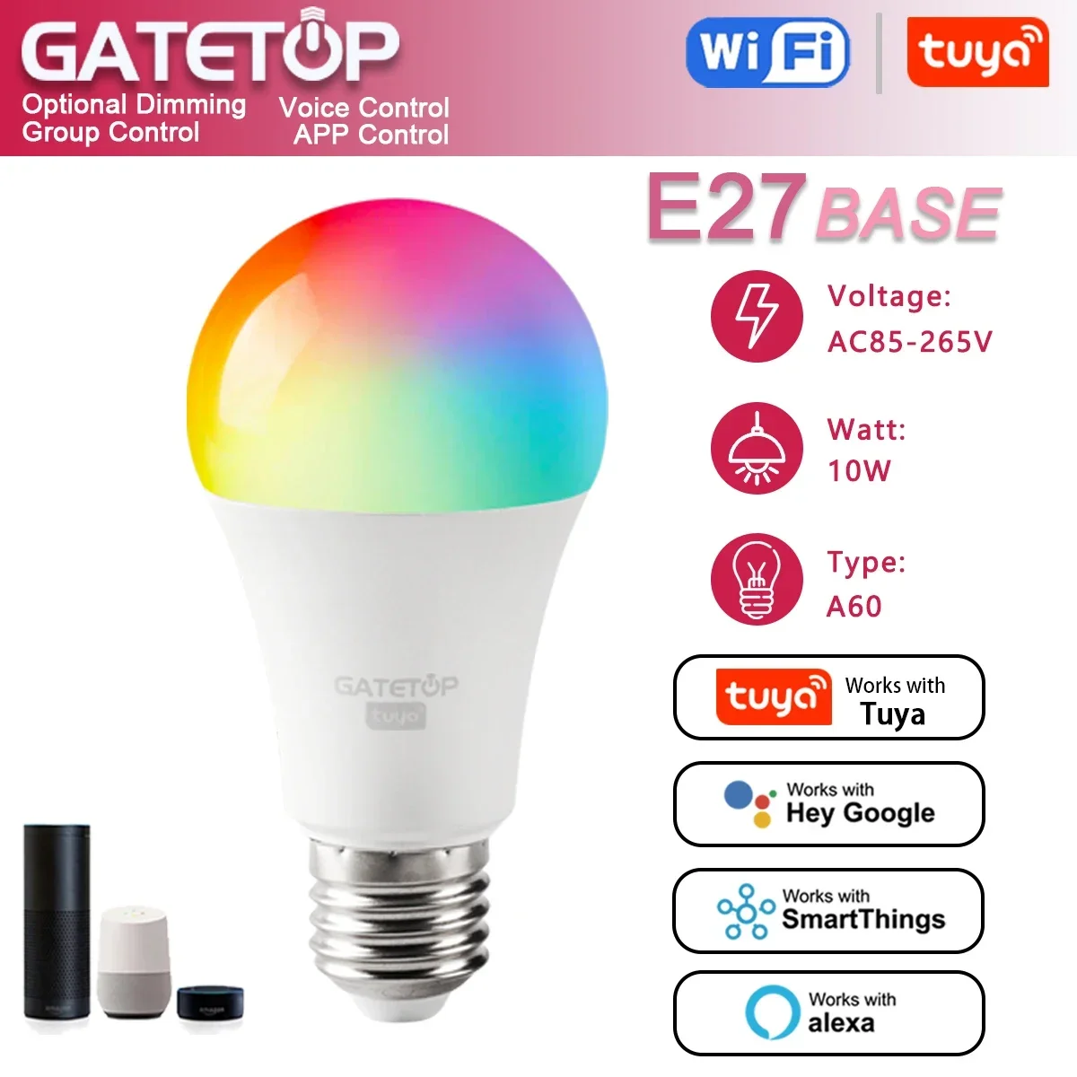 

A60 E27 Bombilla inteligente Tuya Wifi/Bluetooth,Led Alexa RGB 110V 85V-265V,Para Google Assisatnt Smart Life Light Dimmable