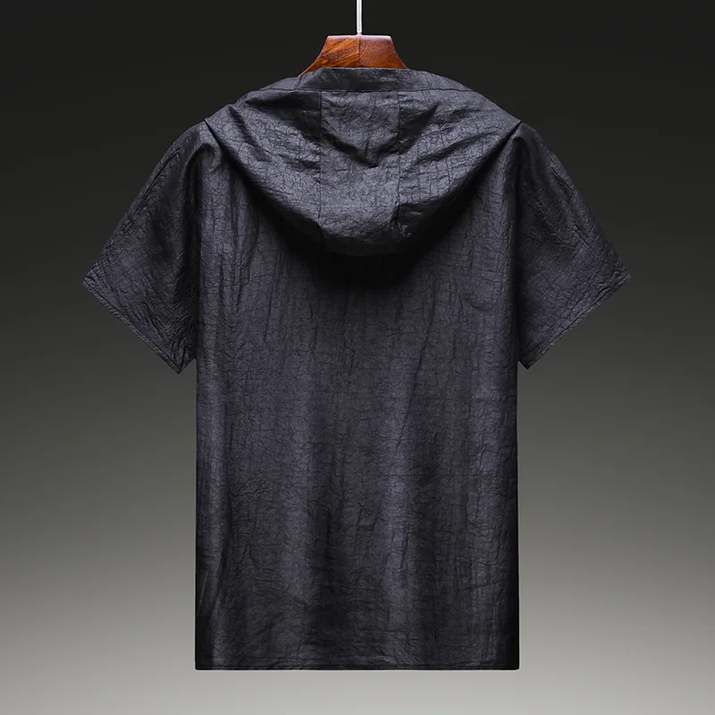 

Real Silk Crack Xiangyun Yarn Half Sleeve T-shirt Men's Summer Hooded Gambiered Canton Gauze Chinese Style Dad Fashion