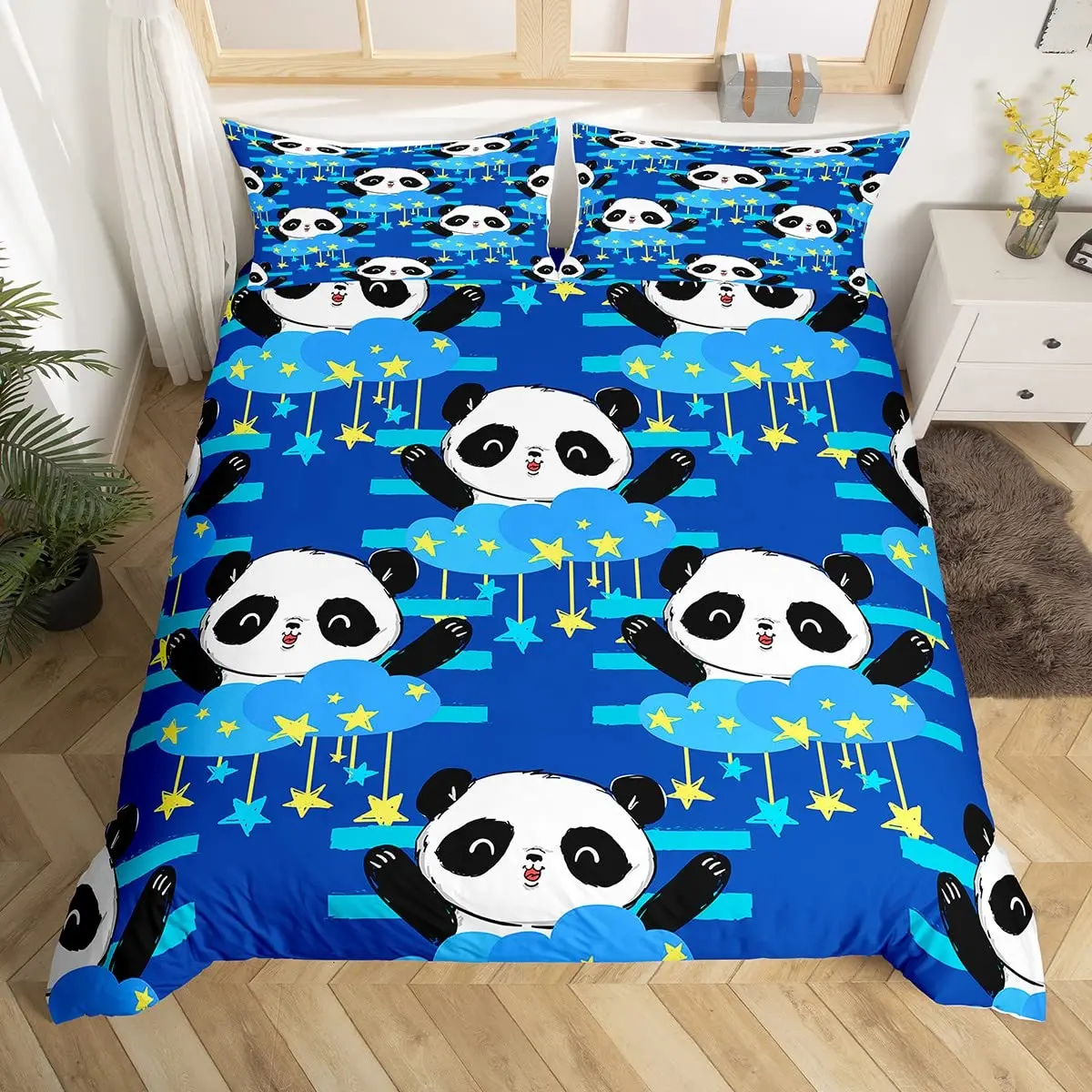 

Panda Duvet Cover Set King Size Black And White Animal Comforter Cover With Pillowcases Starry Sky Blue Ultra Soft Quilt Cover