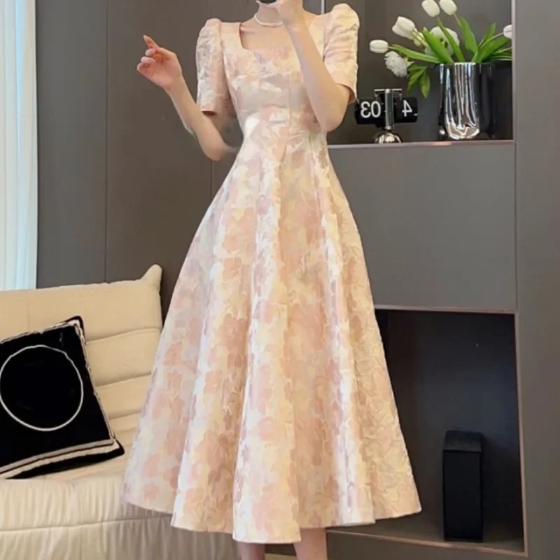 Pink Floral Long Dresses Puff Sleeve French Style Vintage Elegant Vestidos Mujer Spring Summer Sweet Women Dress