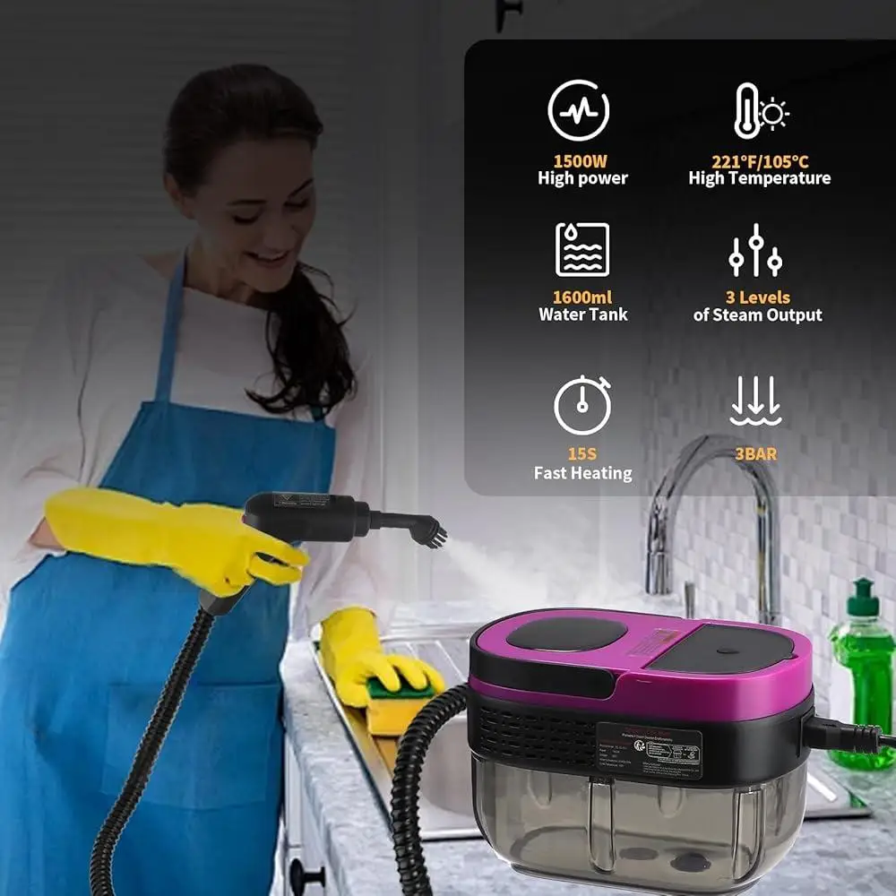 Portable Steam Cleaner 3-Level Adjustable Handle 15s Heat-Up Deep Cleaning Powerful Steamer with 10 Accessories Home and Kitchen