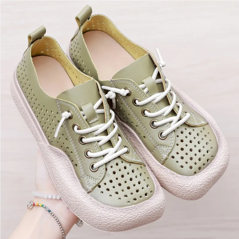 GKTINOO Women Sneakers Summer Shoes Genuine Leather Loafers Lace-Up Hollow 2024 New Handmade All-Match Platform Sneakers