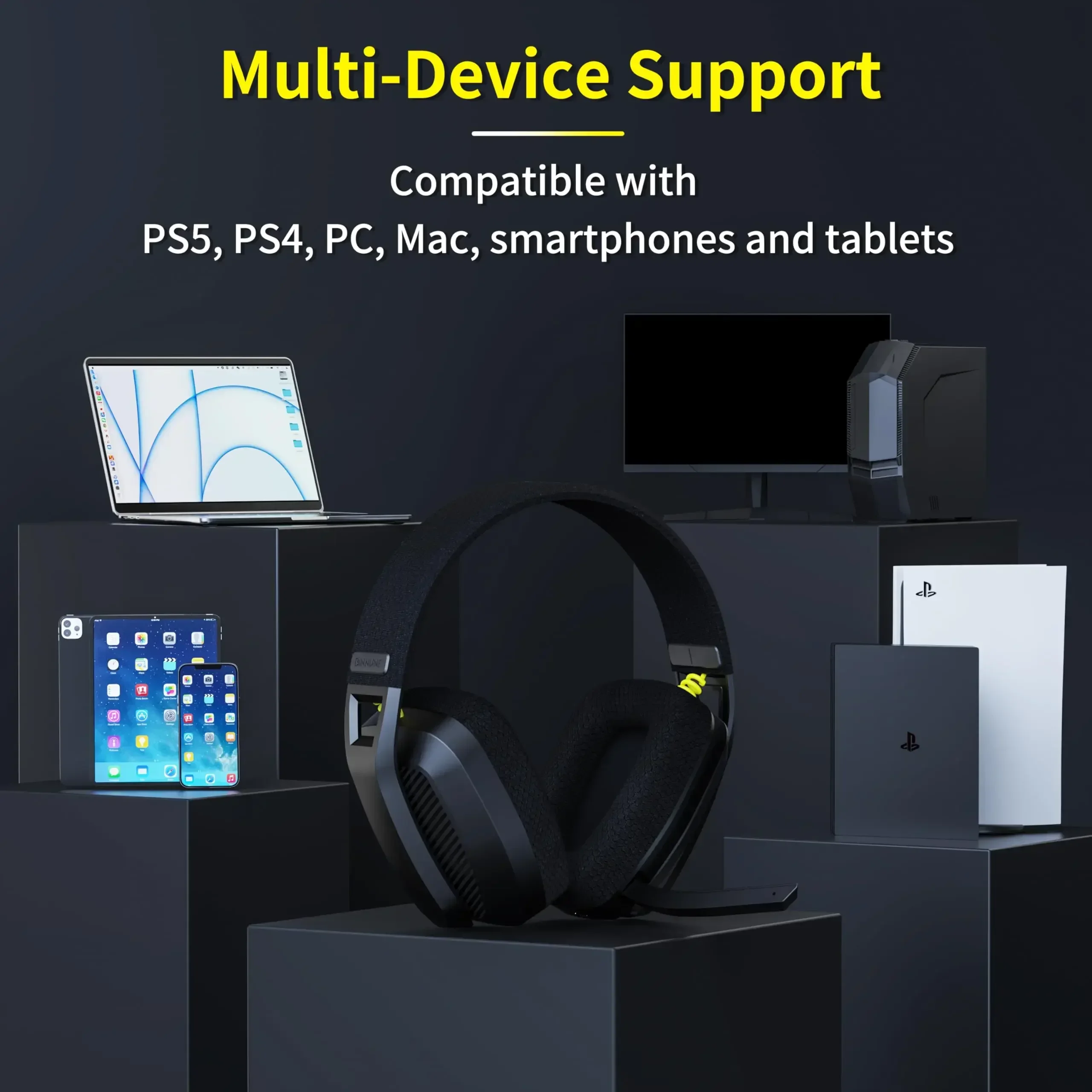 BINNUNE BW06 2,4 GHz Bluetooth-Headsets Gamer mit Mikrofon Drahtloser Gaming-Kopfhörer mit Mikrofon für PS5 PS4 PC Mac Playstation – Detail 13