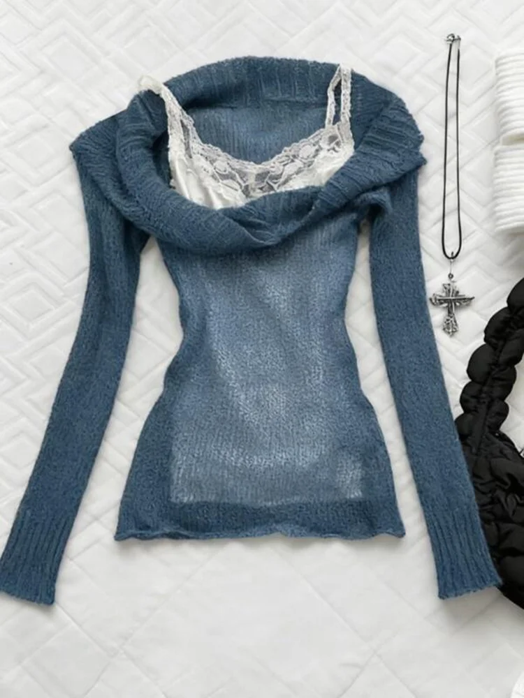 

Винтажный вязаный свитер в готическом стиле с розами, синий, облегающий, для женщин, осенний, мягкий, длинный рукав, топ для ношения под одеждой