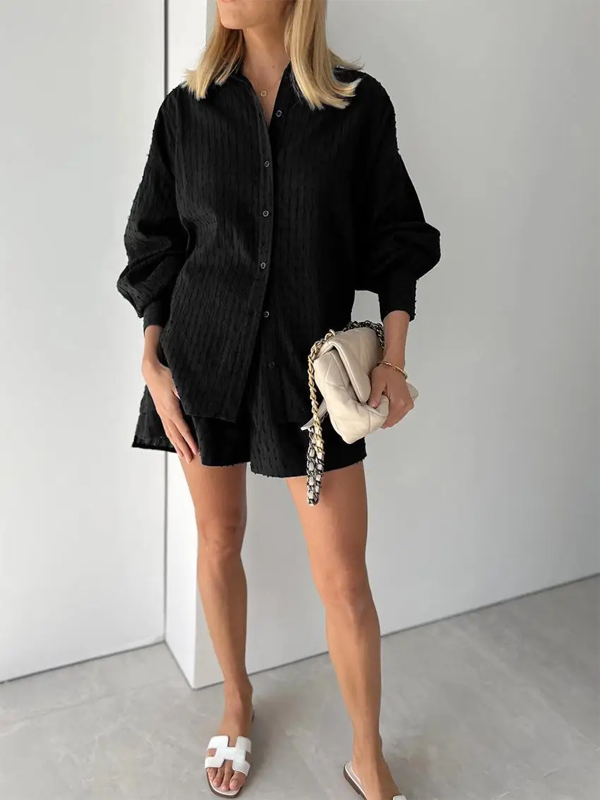 Casual Women Shorts Suit Jacquard Fashion Spring Summer Loose Long Sleeve Shirt Two Piece Set Lady Hawaiian Style 2 Piece Set