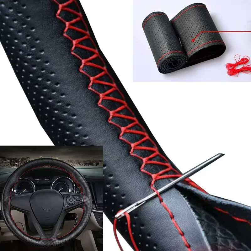 Universal Leather car steering wheel stitched on cover to fit 38cm 14 