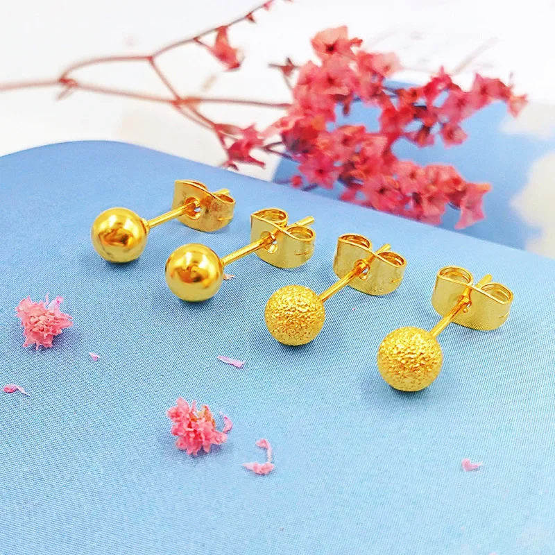 9999 Real Gold 24K Small Ball Glossy Frosted Earrings Women's Fashion Gold Golden Doudou Fashion Round Earrings