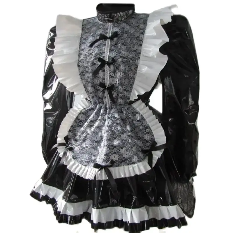 

Smooth Shiny Black and White Patchwork PVC Chest Lace Bow Embellished Shoulder Fluffy Long Sleeved Sissy Dress