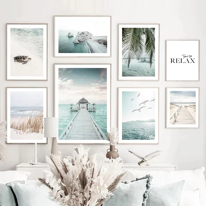 Nordic Beach Ocean Wall Art Poster Wooden Boardwalk Turtle Sea Star Canvas Prints Modern Living Room Home Decoration Pictures