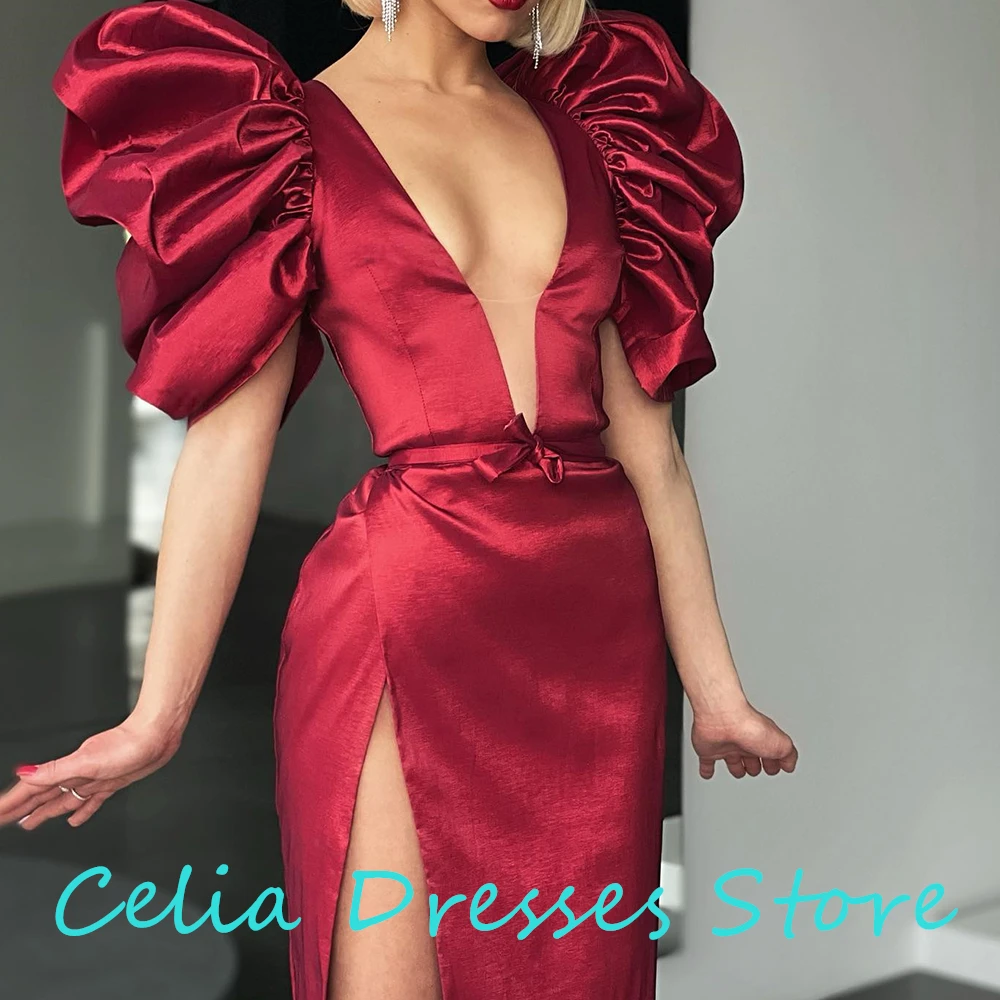 Sexy Deep V-Ncek Side Slit Puff Sleeves Evening Dresses Solid Red Color Satin Straight Floor Length Half Sleeves Robe de soirée