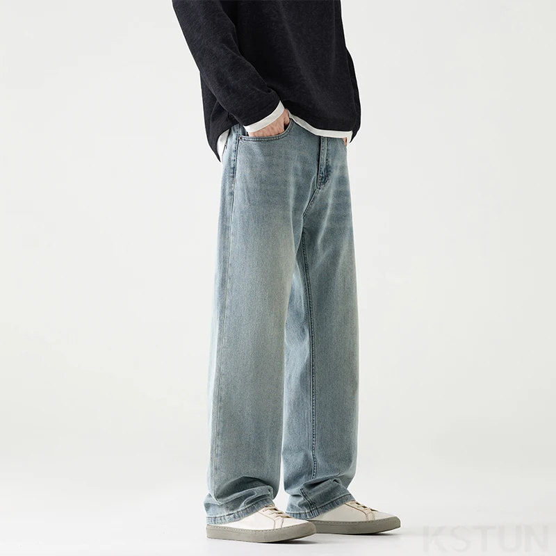 KSTUN Light Blue Jeans Stretch Men's Loose Straight Jeans Male Denim Pants Spring and Autumn Full Length Trousers High Quality