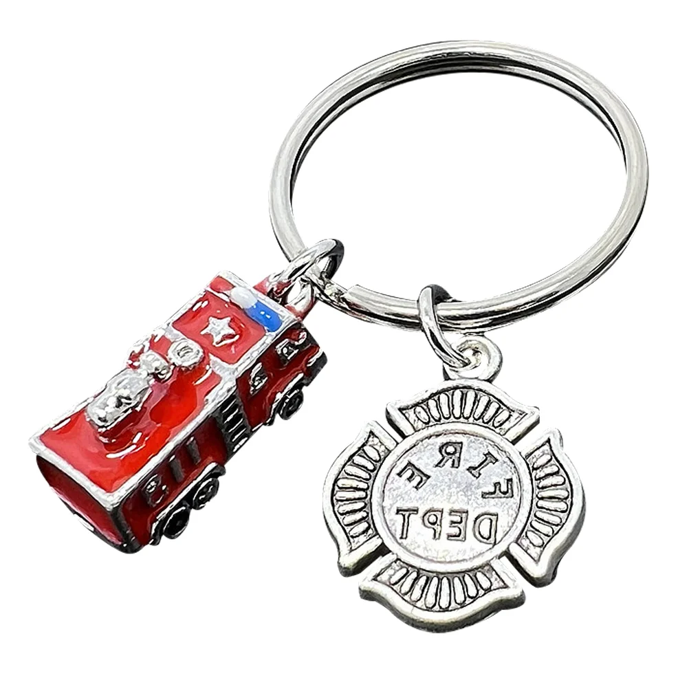 Fire Truck Keychain Fighter Accessory Men Engine Badge Pendant Metal Adornment Ring Design Decorative Bag Hanging Gift