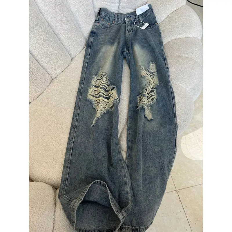 

plus Size Men's Vintage Ripped Straight Leg Jeans Loose Fit Slimming Long Pants Autumn 300 Pounds American Style Denim
