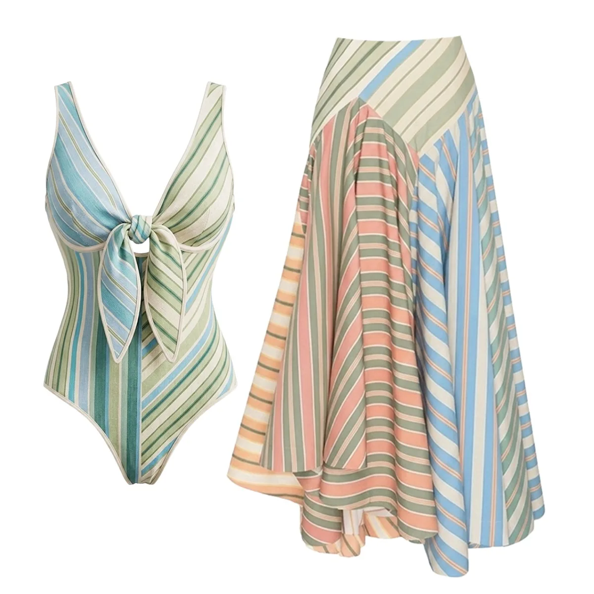 2026 Sexy V-neck Swimsuit with Skirt One Piece Swimwear Female Striped Female Bow Bathers Bathing Swimming Suit Beachwear