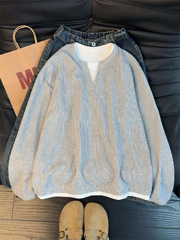 

Loose V-Ne Knitted Sweater Men Women Spring Autumn Casual Sle Boting T-irt Fake Two-Piece Comfortable Warmth Clothing