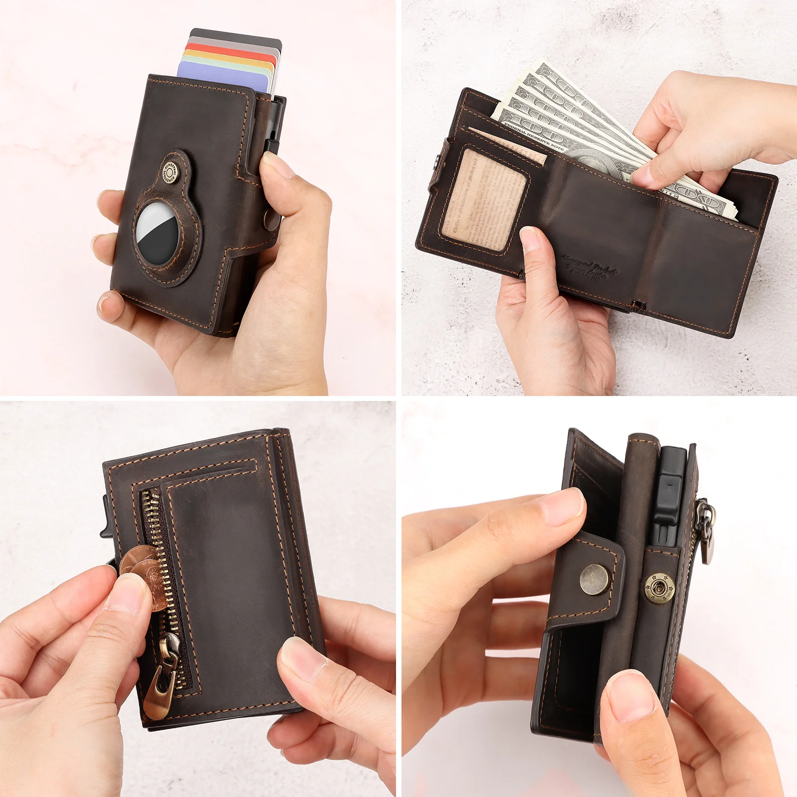 Crazy Horse Leather Apple AirTag Credit Card Holder RFID Protection Pop Up Wallet with Compartment for Notes and Coin Quality