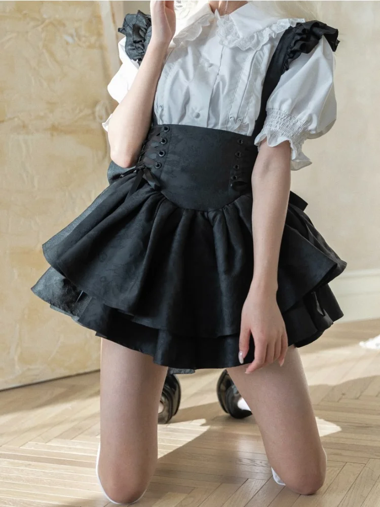 DEEPTOWN Kawaii Lolita Skirt Women Japanese Fashion High Waist A-line Bow Bandage Vintage Mini Ruffles Suspender Skirt Summer