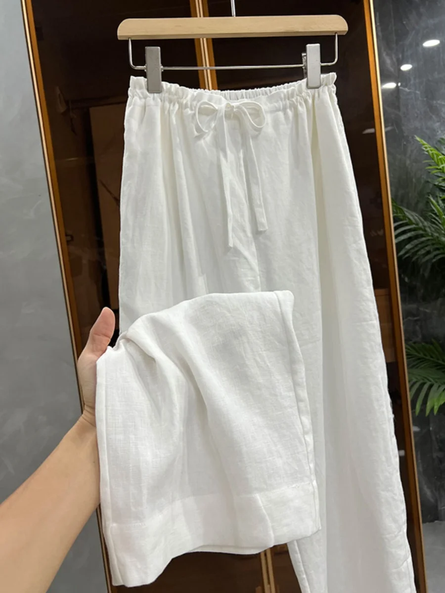 

l Linen White Cotton Summer Loose Wide Leg Pants Dstring Elastic Waist Casual Nine Points Trendy Brand Men's Clothing