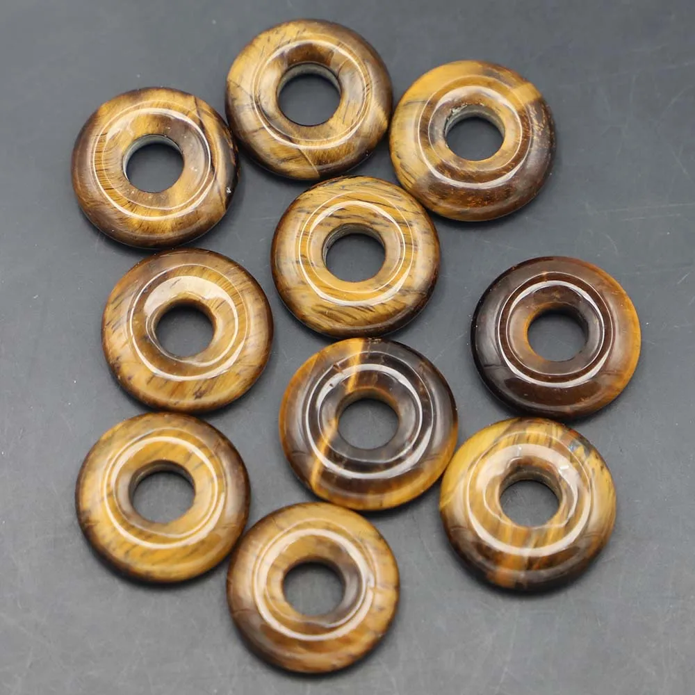 

18mm Natural Stone Gogo Donut Big Hole Flat Beads Charms Pendant Tiger Eye Safety Buckle for Jewelry Making 12pcs Free Shipping