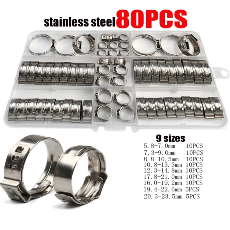130/80/45 stücke Edelstahl Ohr Stufenlose Klemme Schneckenantrieb Kraftstoff Wasser Schlauch Rohr Klemmen Clips + 1PC Schlauch Clip Clamp Zange – Detail 5