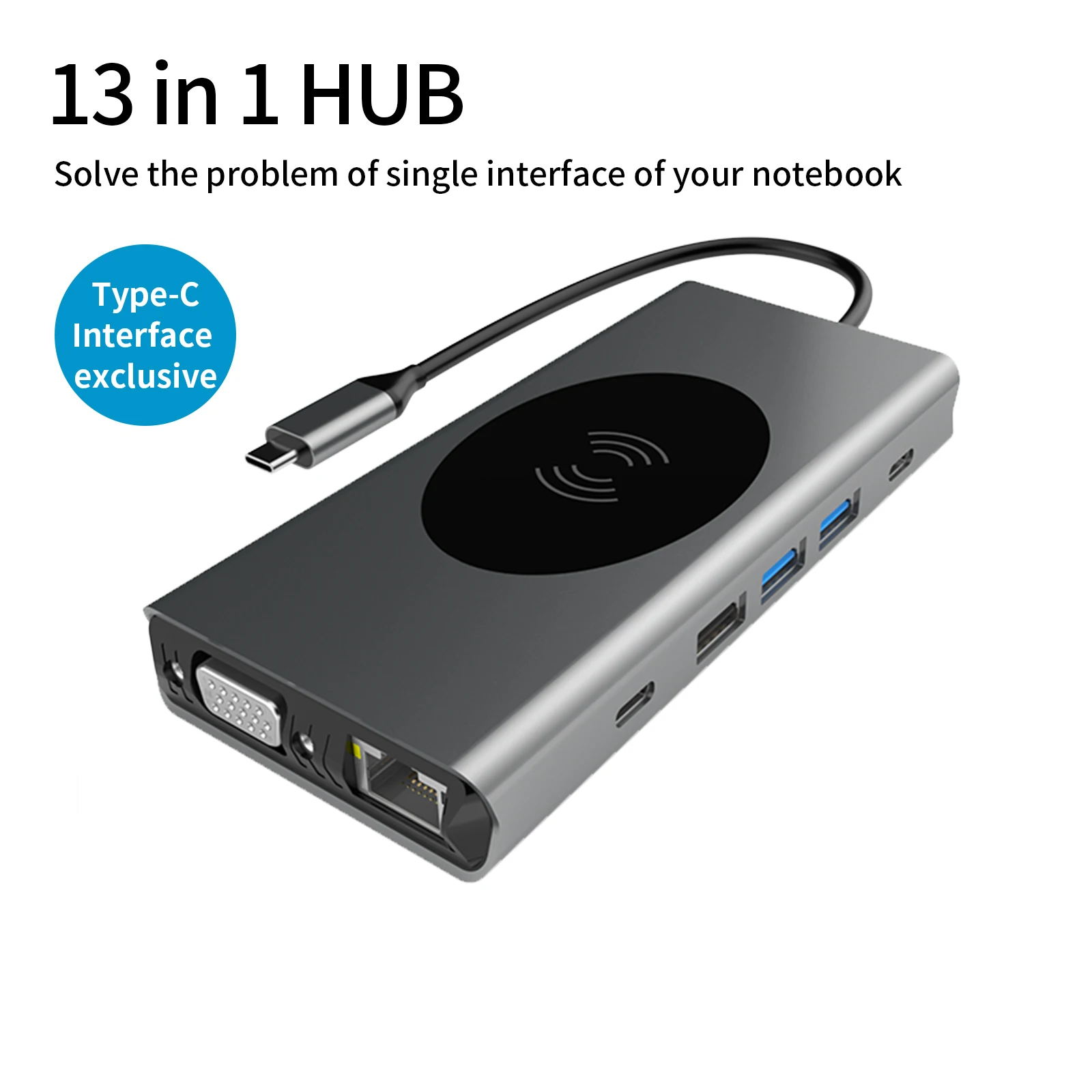 13-in-1 멀티포트 USB C 도킹 스테이션 4K@30Hz HDMI VGA RJ45 LAN PD 충전 무선 충전 SD TF 카드 리더 타입 C 허브