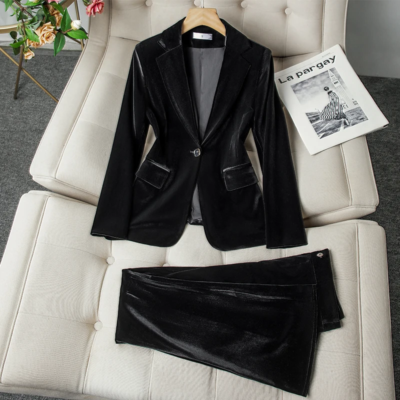 ZJYT Autumn Winter Velvet Jacket Pant Sets Two Pieces Womens Outfit Elegant Ladies One Button Blazer Suit Trousers Office Work