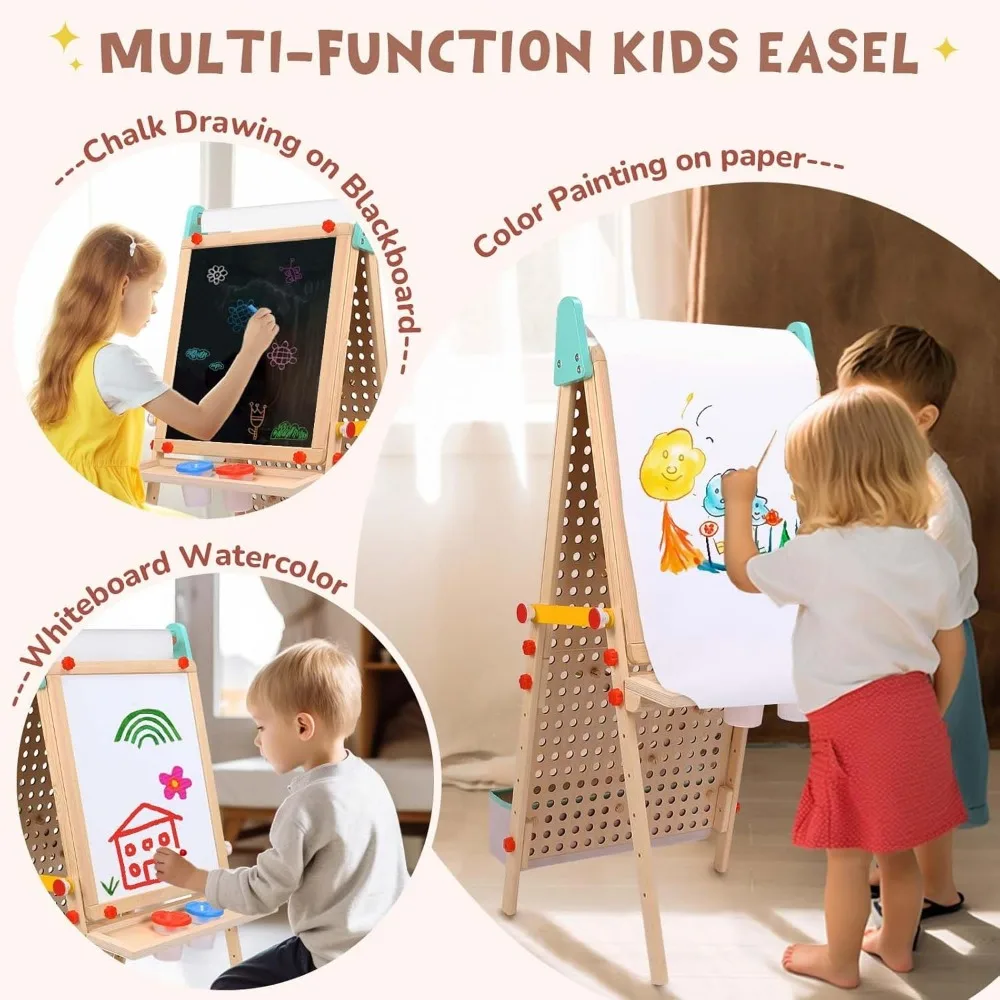 Kids Easel Wooden Marble for Kids, 4-in-1 Toddler Art Easel for Kids 3+ Painting Station Stand Drawing, Double-Sided 6 Heights