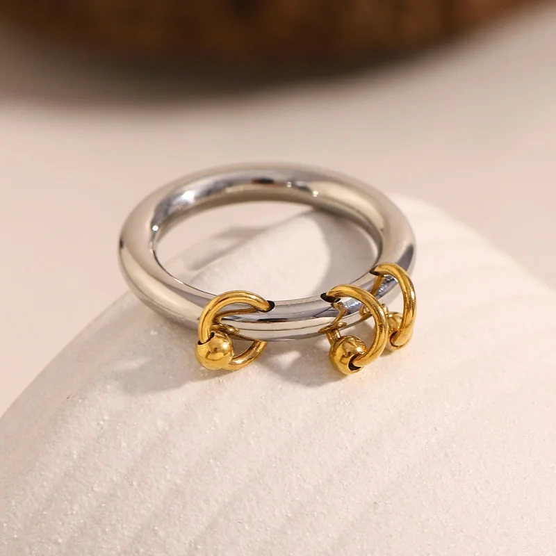 

18K Gold-Plated Stainless Steel Two-Color Round Bead Tassel Ring Fashion Trend High Quality Waterproof Ring Women Jewelry Gift