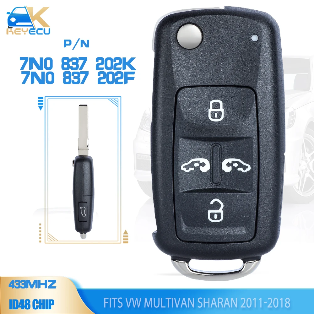 KEYECU 7N0837202K 7N0837202F 433MHz ID48 Chip Smart Remot Key Fob for Volkswagen Multivan Sharan 2011 2012 2013 2014 2015 2016