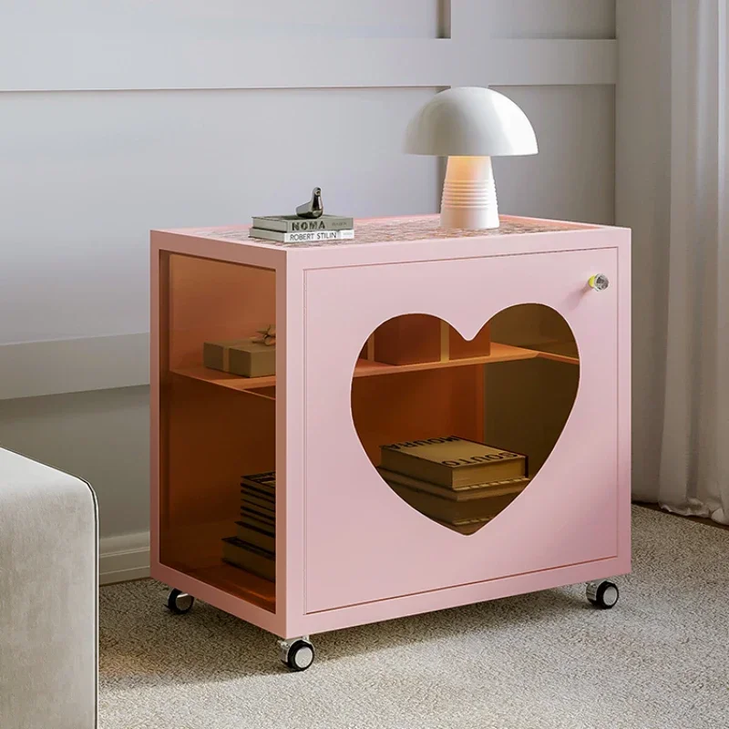 Pink Love Side Table Creative Visible Bedside Table Double-layer Storage Home Furniture  Living Room Mobile Coffee Table