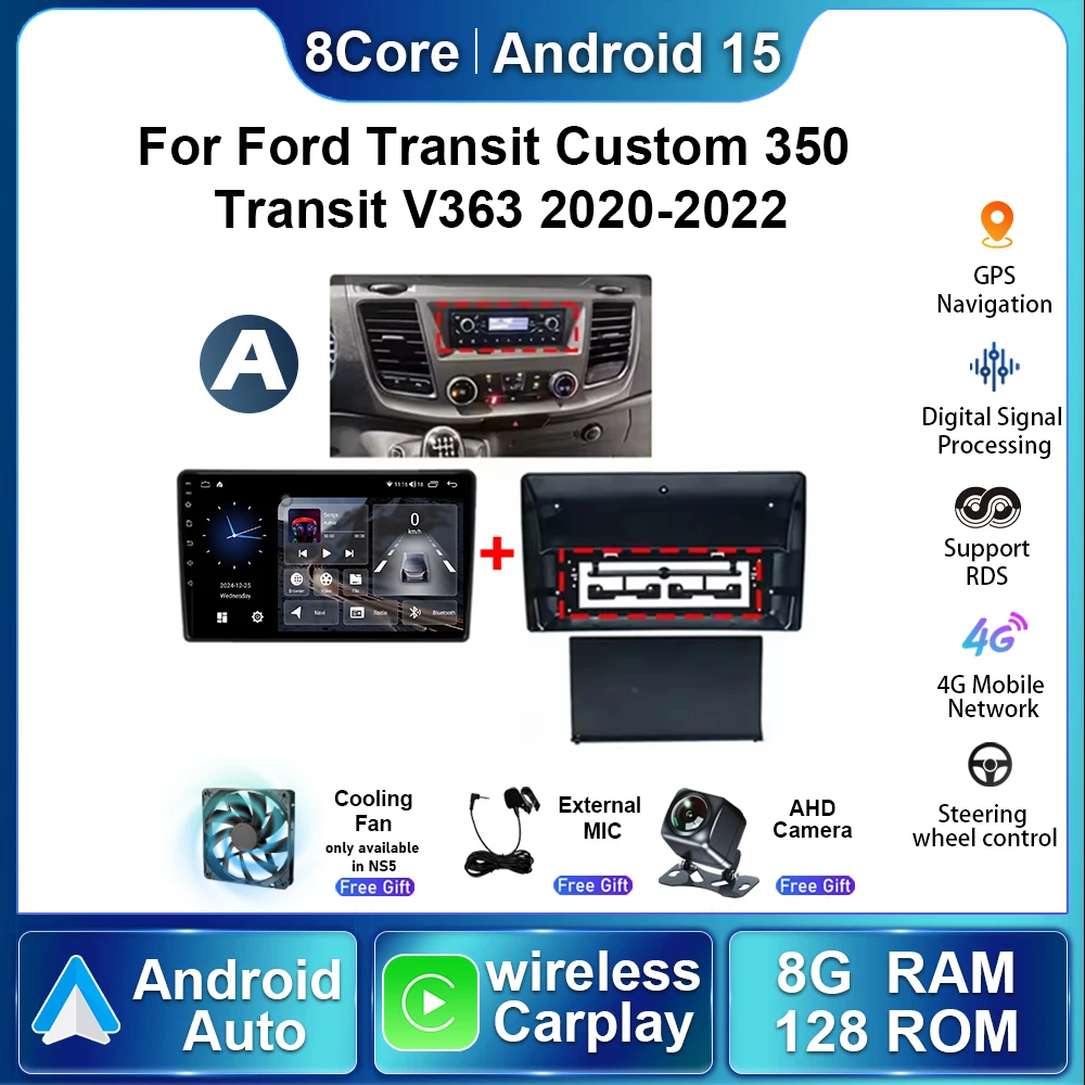 

Автомагнитола для Ford Transit Custom 350 Transit V363 2020-2022, мультимедийный проигрыватель, стереосистема, беспроводной CarPlay, навигация