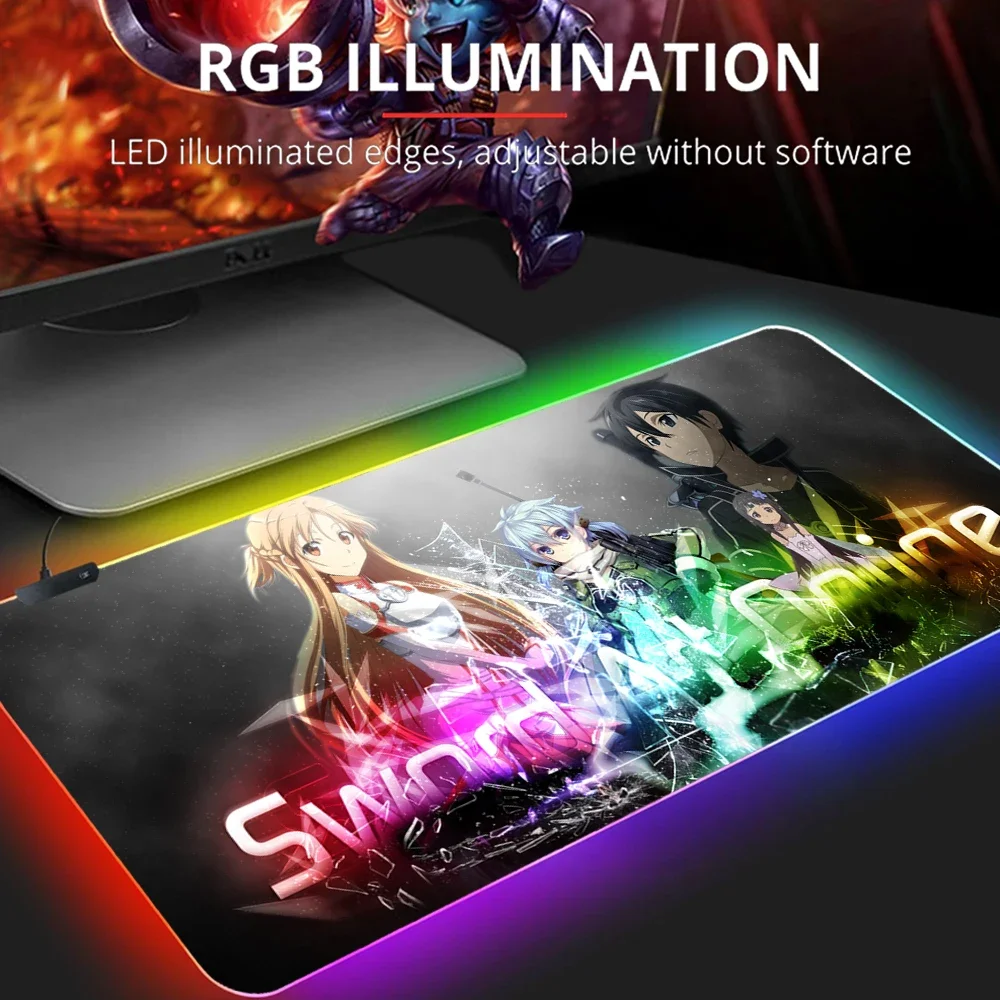 Sword Art Online RGB Mat Pc Accessories Gaming Table Mat Backlit Mat Mouse Pad Gamer LED Anime Gamer Lamp Keyboard Support Rug