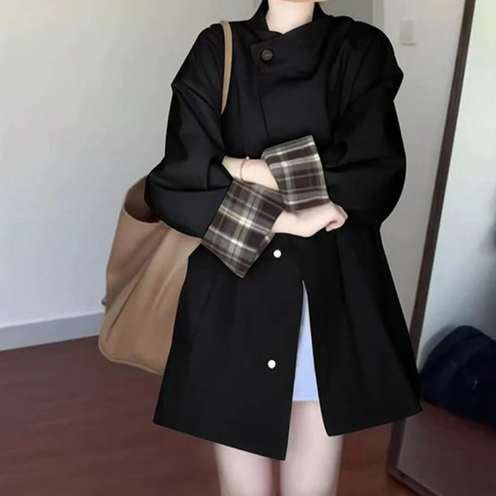 

Женское осеннее пальто свободного кроя с цветовыми блоками, черное, с длинными рукавами и отложным воротником, подходит для повседневной носки и отдыха.