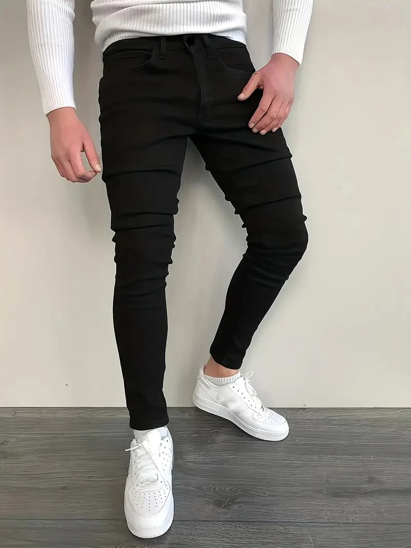 Men Jeans Stretch Skinny Denim Pants Solid Color Black Blue Autumn Summer Luxury Street Harajuku Hip-Hop Style Slim Fit Trousers