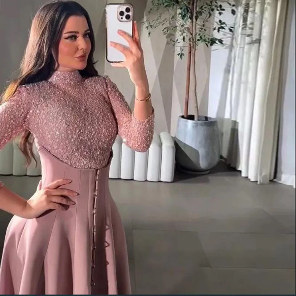 فستان سهرة مخصص مع تنورة علوية مطرزة من الساتان فستان حفلات برقبة عالية 3/4 كم فستان ستان عربي دبي للنساء