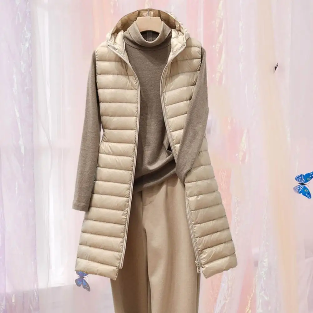 

Women Thermal Down Jacket Thick Warm Hooded Women's Winter Vest Coat with Zipper Mid Length Solid Color Sleeveless Waistcoat
