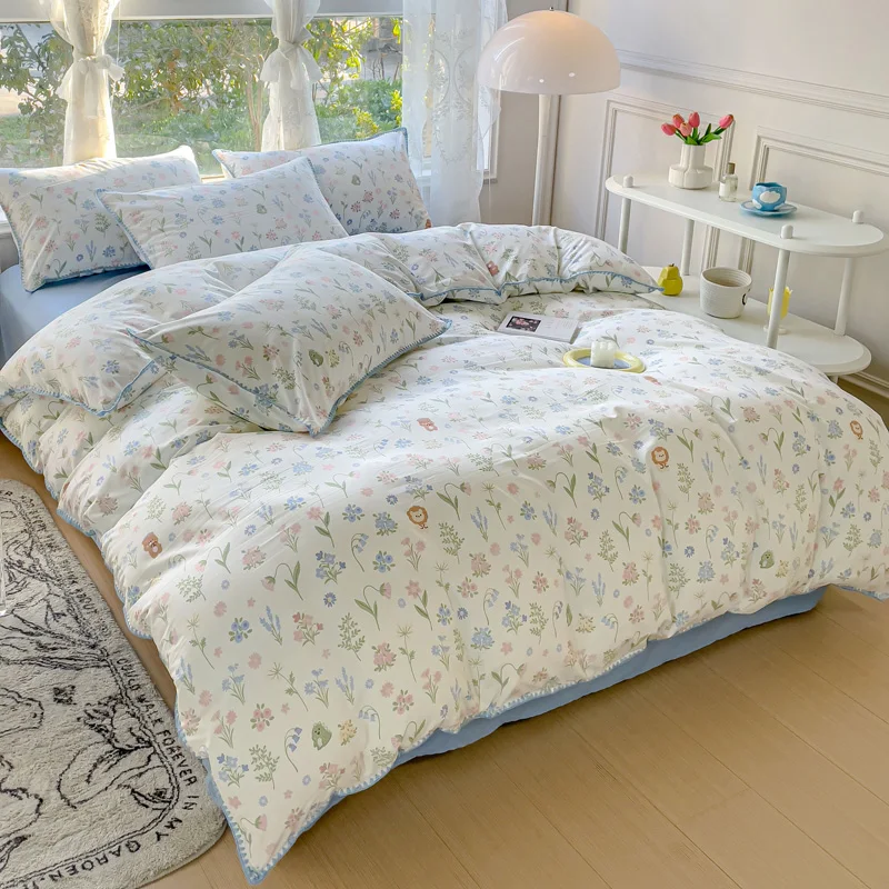 Set di biancheria da letto a fiori per ragazze pastorali, biancheria da letto in cotone lavato, Set di lenzuola con copripiumino morbido, copriletto